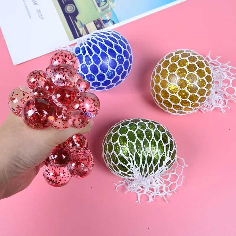 

7cm Mesh Ball Stress Sequins Color Grape Squeeze Anti-Stress Squishy Toys for Mood Autism Kids Adult Play Decompression Vent