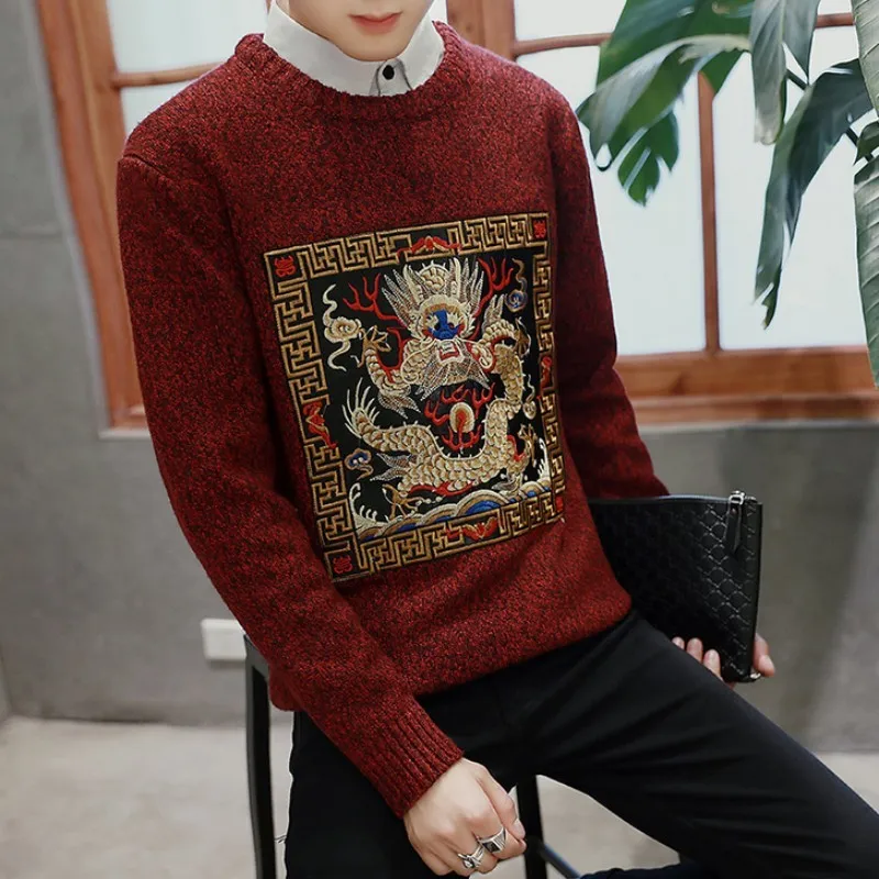

Fashion Personality Chinese Embroidery Mens O Neck Large Size M-5XL Knitted Sweater Pullover Casual Slim Fit Pull Hommes
