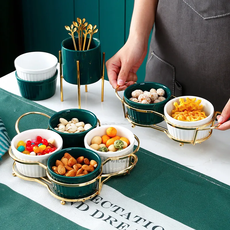 

Creative Snack Platter, Candy Plate, Ceramic Bowl with Gilded Handle, Living Room Household Tableware, Dessert Fruit Plate