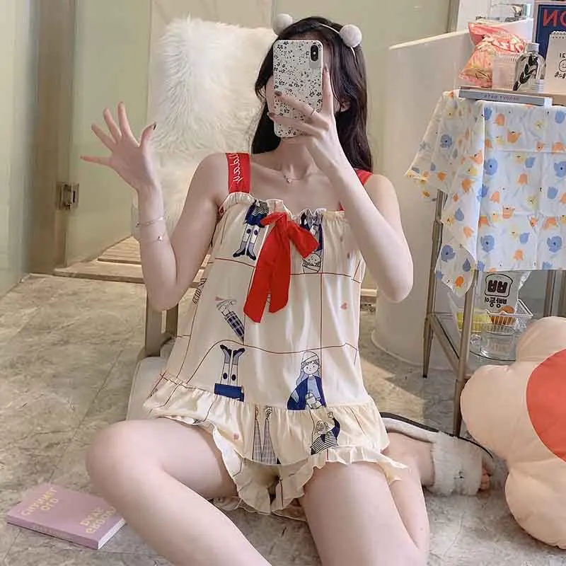 

Summer 2021 Sling Cotton Pajamas Set For Femme Cute Peach heart Print Bow Nightgown Ladies Homewear Soft Lounge Wear Women Tops