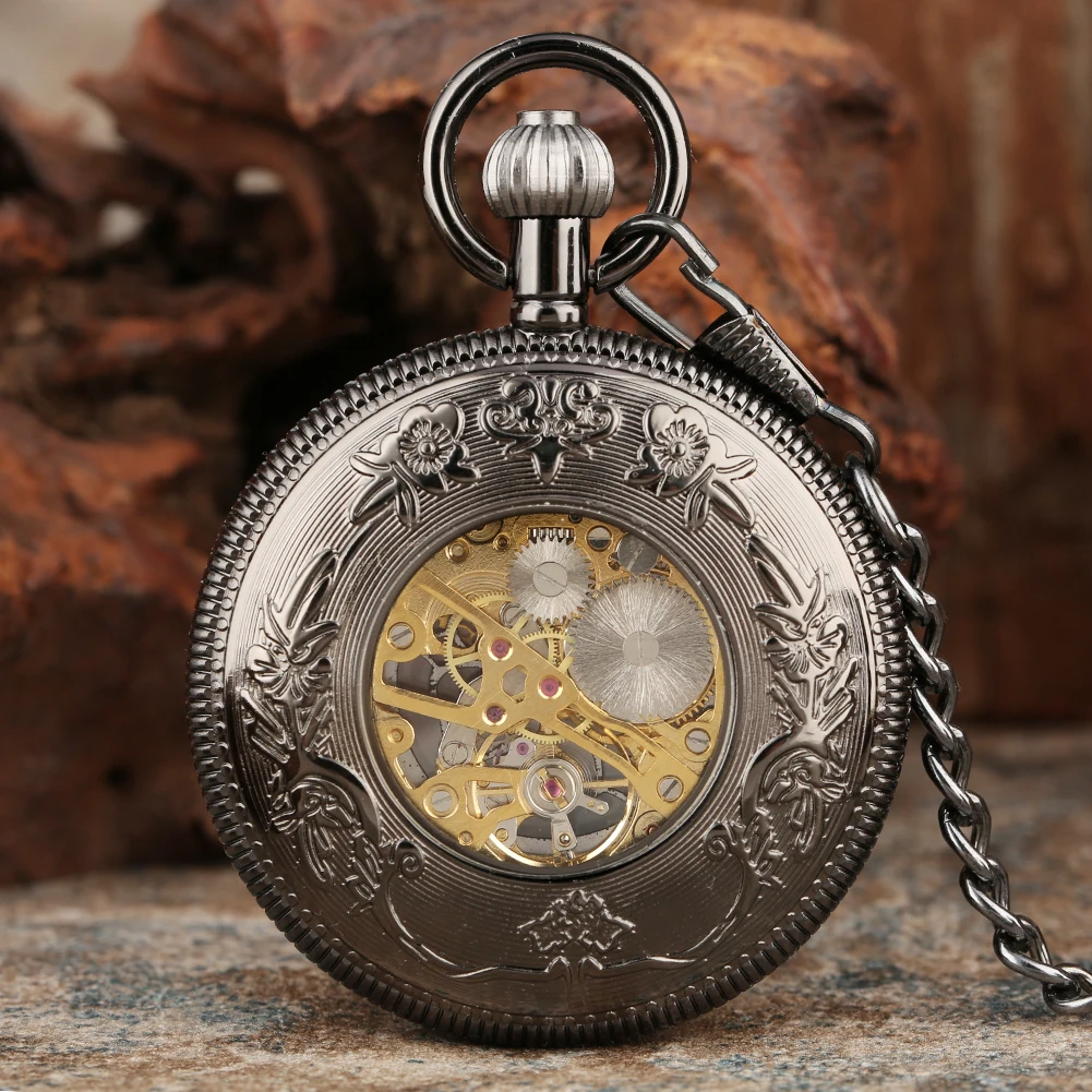 Transparent Glass Manual Mechanical Pocket Watch Rose Gold Roman Numerals Display Hand Winding Pocket Pendant Retro Clock Gifts
