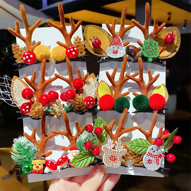 

2Pcs New Christmas Antler Hair Clips Deer Ear Hairpins Christmas Party Headbands Festival Pine Cones Hair Ball Hair Accessories