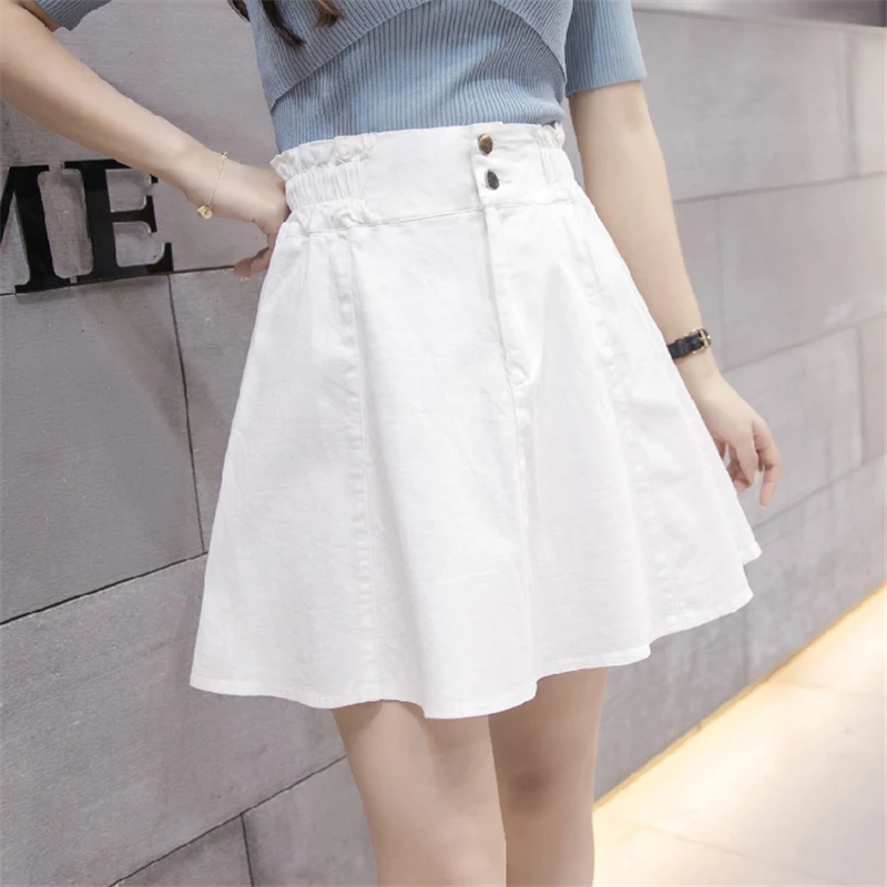 

High Waist Summer Vintage Loose Solid Sweet Sexy Jean Skirts Women A-line Casual Buttons Elastic-Waist Denim Short Skirts Female