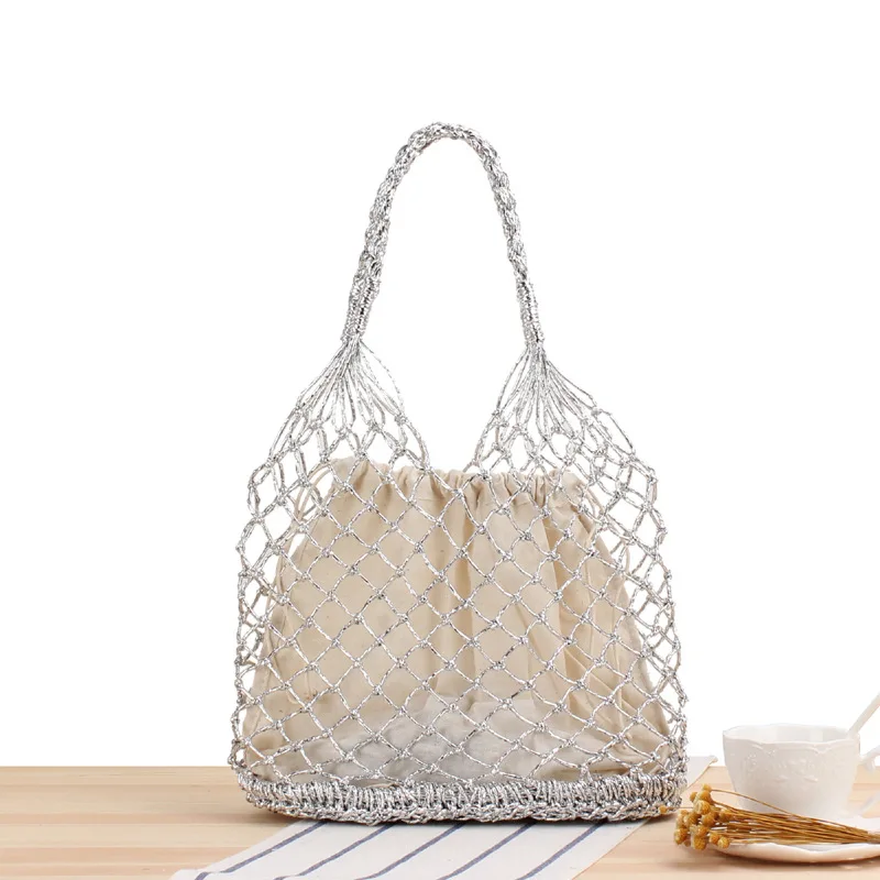 

Fashion Beach Woven Net Bags Women Hollow Out Totes Basket Straw Rattan Bag Knitted Purse Large Capacity Handbags Shoulder Bag