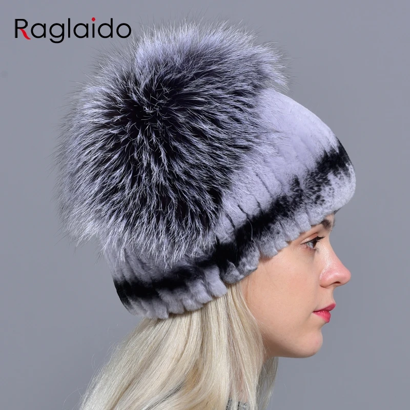 

women's warm furry hats natural rex rabbit fur hats knitted fox pompom fashionable skullies beanies handsewn real fur hat