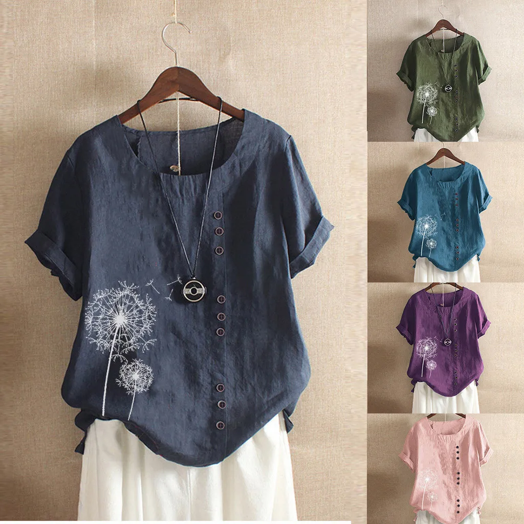

Casual Summer T-shirt Female Women's Shirt Solid Color Dandelion Print Button Plus Size Cotton And Linen Top T-shirt Oversize