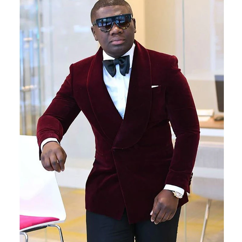 

Double Breasted Burgundy Velvet Men Suits for Prom Stage 2 piece Wedding Tuxedo for Groomsmen Slim fit African Man Fashion Coat
