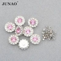 junao 10mm 100pcs pink color glass flower rhinestones flatback silver claw crystal stones applique for pearl machine