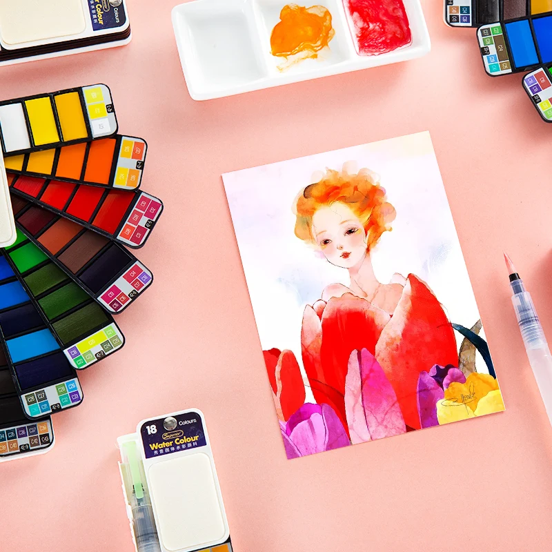 

Superior Solid Watercolor Paint With 6Pcs Water Brush Pen Foldable Travel Water Color Pigment