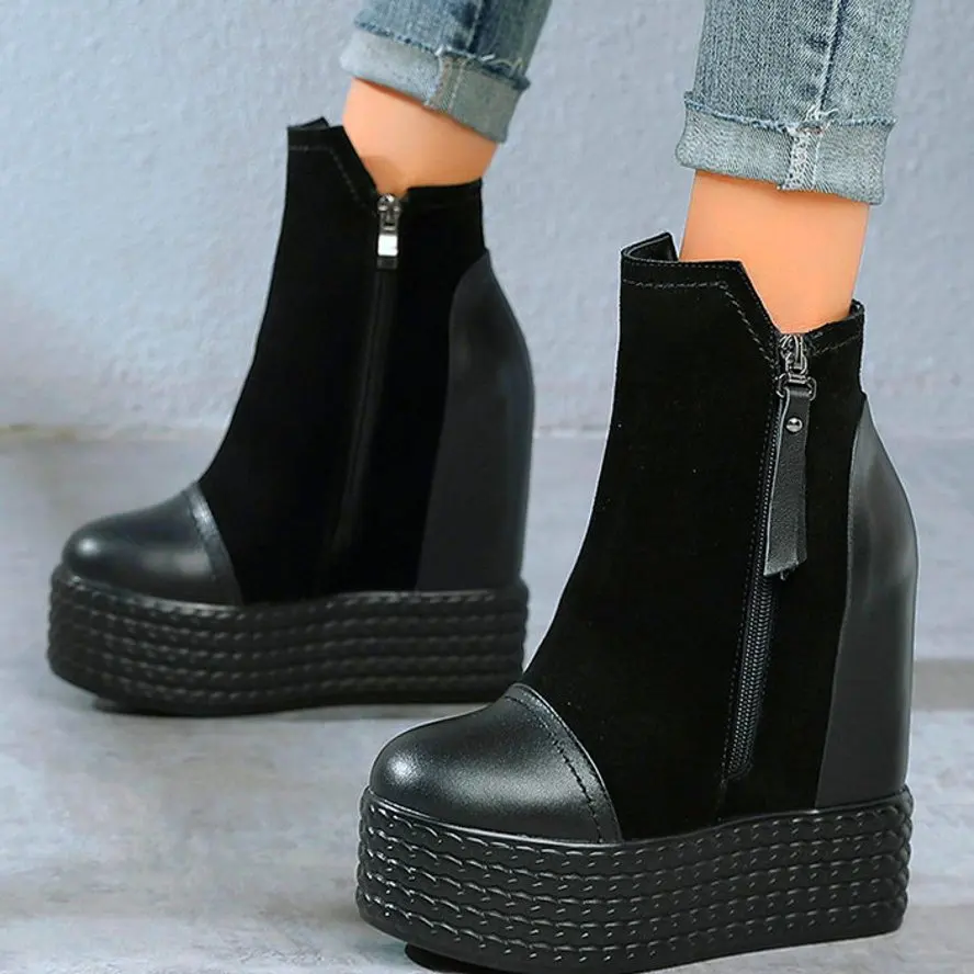 

Женские ботильоны из натуральной кожи, на платформе и очень высоком каблуке 14 см, на молнии, с бахромой, модные кроссовки для вечеринки