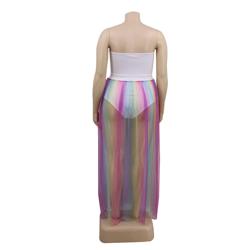 Adogirl Plus Size XL-5XL Women Two Piece Set Dress Strapless Bodysuit Sheer Mesh Rainbow Stripe Maxi Skirt Party Suit |