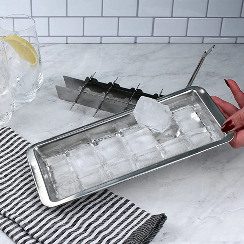 Bandeja de hielo de estilo palanca 2 en 1, molde de acero inoxidable para hacer hielo y Cascanueces, moldes de bandejas de cubo de forma cuadrada de f&aacute;cil liberaci&oacute;n-2