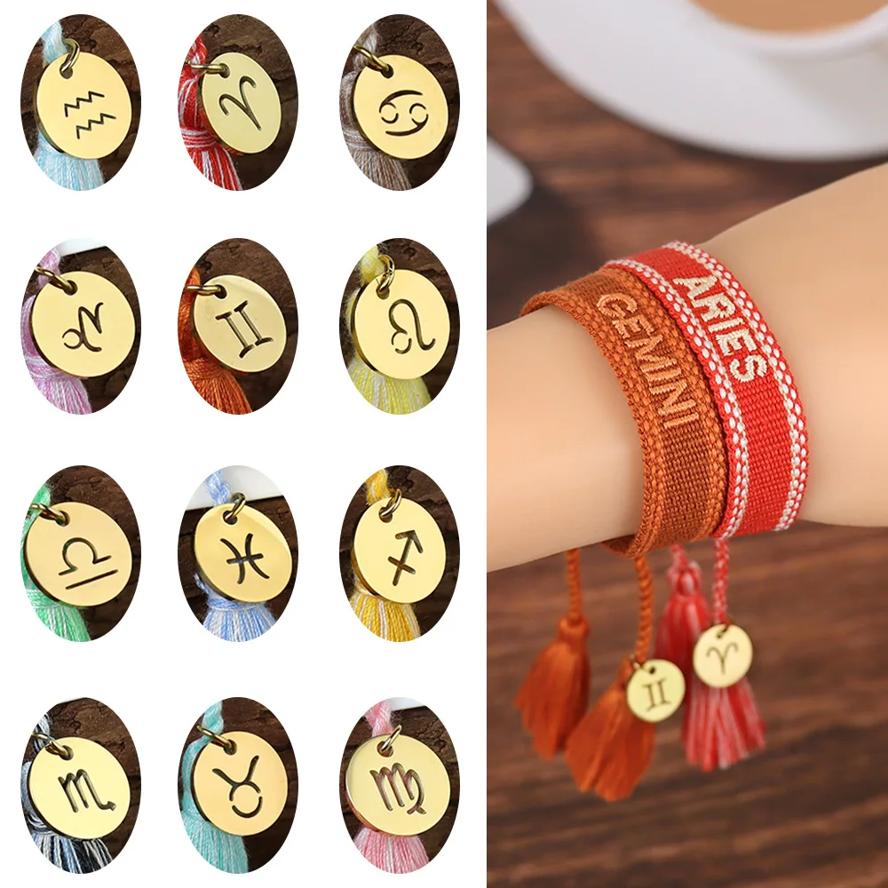 

Vintage Zodiac Adjustable Woven Friendship Bracelets For Women Constellation Braided Bracelet Embroidery Tassel Bangles Jewelry