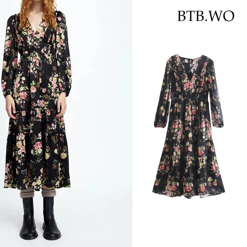 

BTB.WO Za 2021 Floral Dress Woman Pleated Long Dress Women Long Sleeve Party Dresses Ladies Autumn Midi Dresses Vestidos