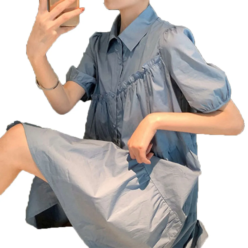 

2021 Summer New Women's Casual Fashion Sweet Style Skirt Solid Color Puff Sleeve Single-breasted Gentle Style Shirt Collar Dress