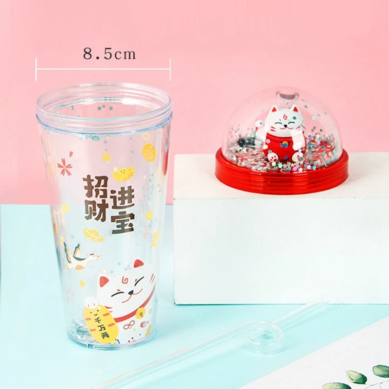 380 мл двойная летняя чашка для льда счастливая кошка пластиковая мультяшная воды