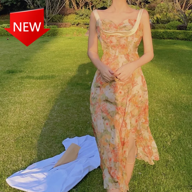 

Женское элегантное дизайнерское платье Y2k с разрезом, повседневное уличное праздвечерние чное платье с открытой спиной, летнее французское...