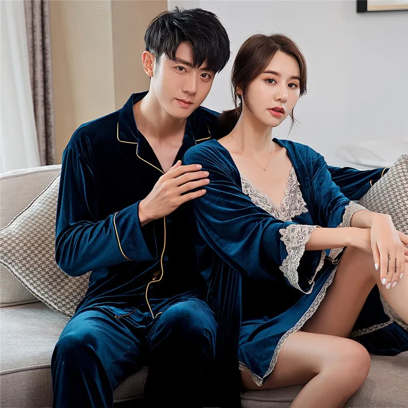 

Winter Velvet 3pcs Pajamas Set Couple Sleepwear Soft Velour Kimono Bathrobe Gown Autumn Long Sleeve Nightwear Casual Homewear