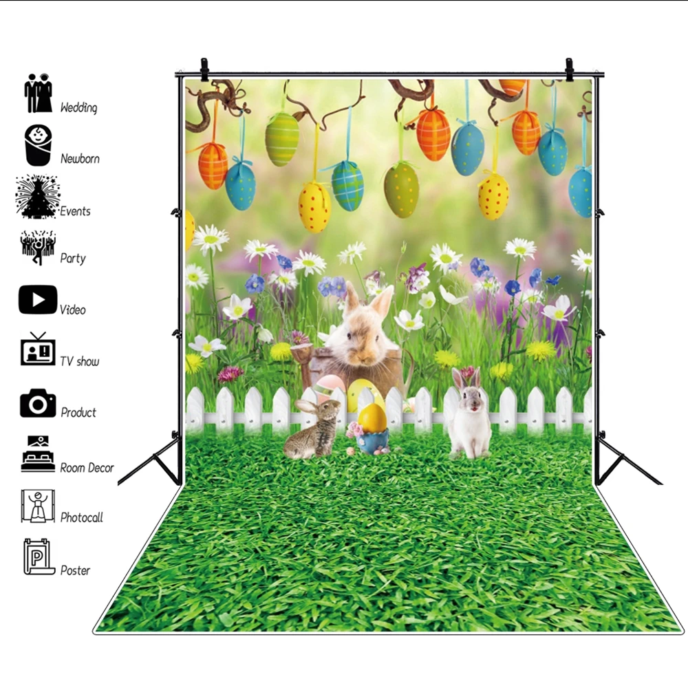 

Spring Backdrop Easter Photography Background Rabbit Eggs Flowers Grass for Kids Newborn Party Decoration Portrait Photo Booth