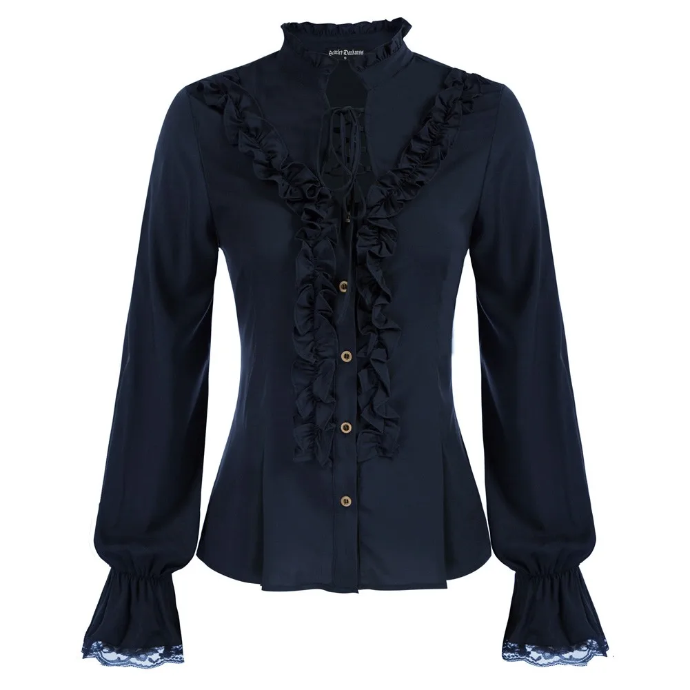 Женская готическая рубашка с оборками длинным рукавом и воротником-стойкой |