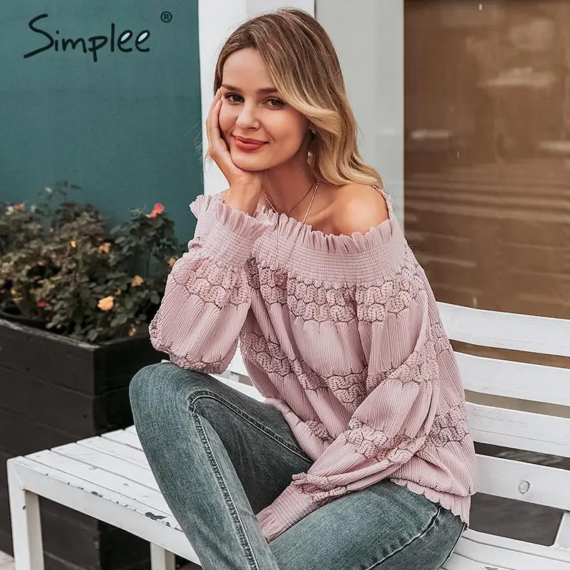 Simplee плиссированная женская блузка с открытыми плечами, рубашка, элегантная кружевная эластичная открытая женская блузка, женские топы на осень и зиму, офисные женские блузки