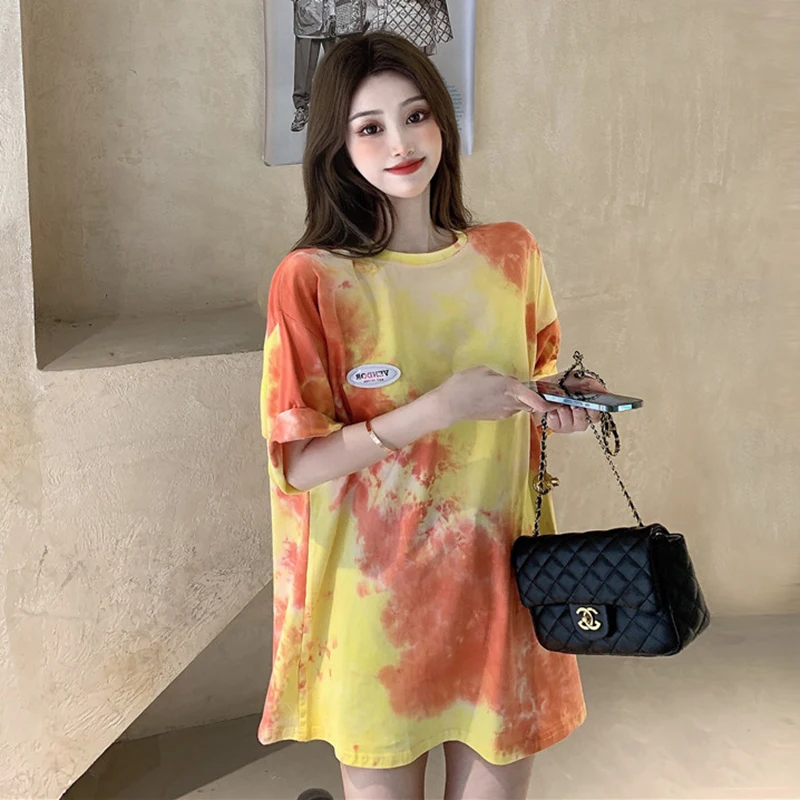 

Harajuku Tee O-neck Streetwear Ins Hipster Causal Short Sleeve Ladies Tops Summer New Loose Tie Dye T Shirts Women Clothing 2021