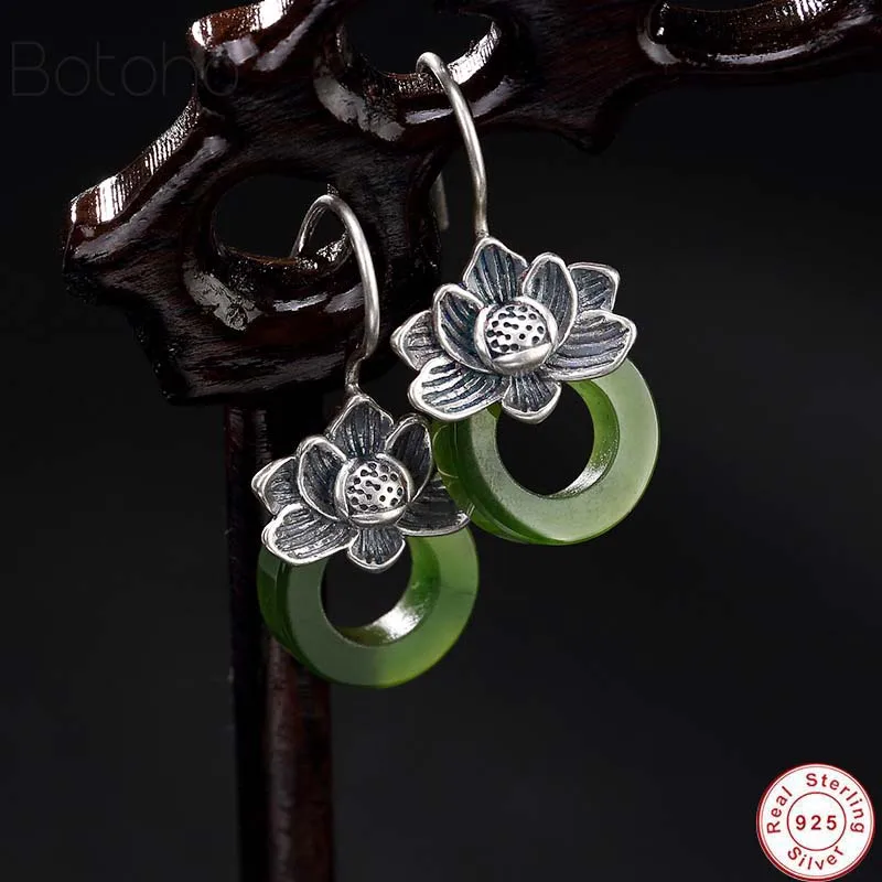 Женские серьги кольца из серебра 100% пробы с натуральным зеленым