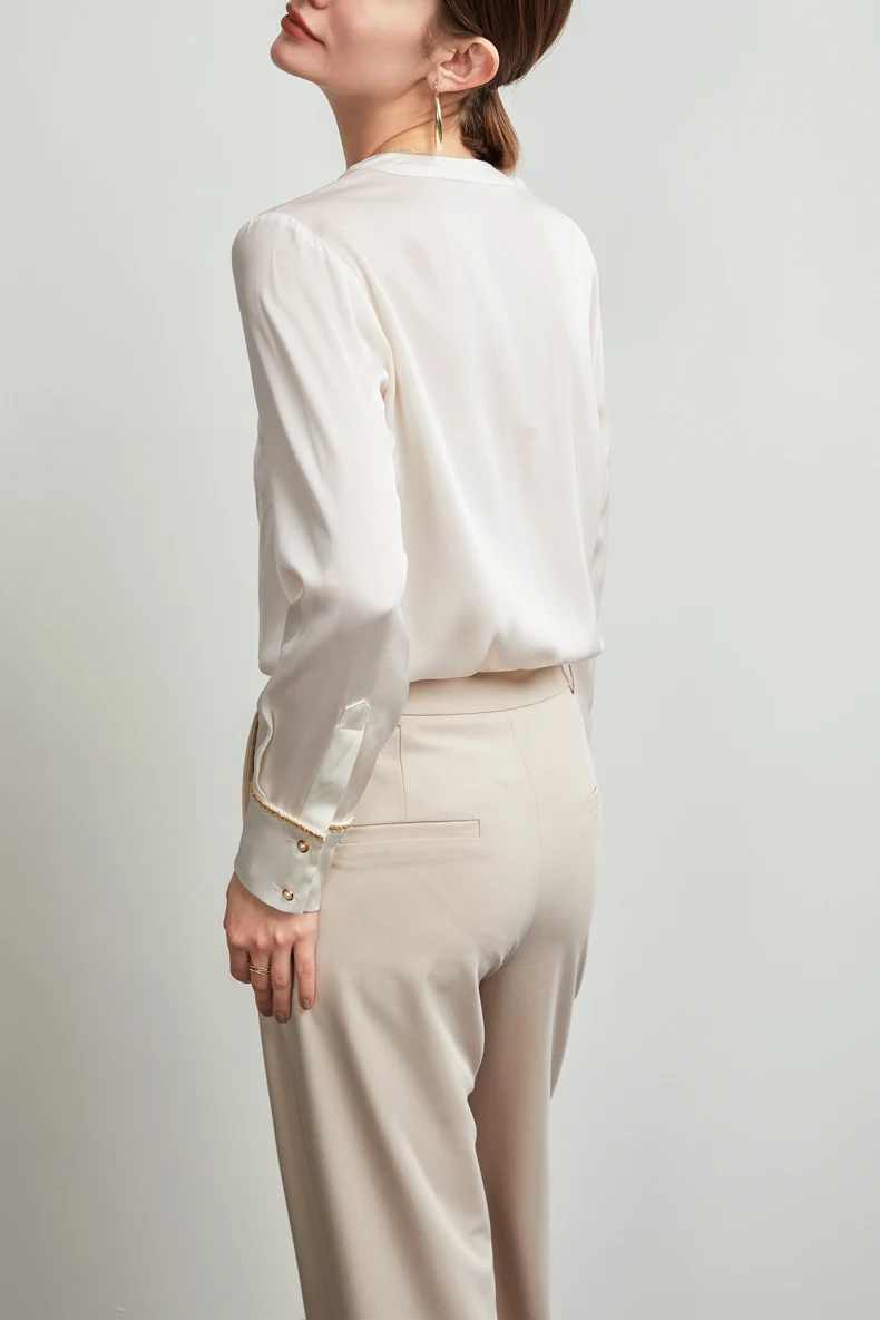 

92% Silk 8% Spandex Women's Shirt Sexy V Neck Long Sleeves Golden Line Piping Fashion Camisa Blouse Tops
