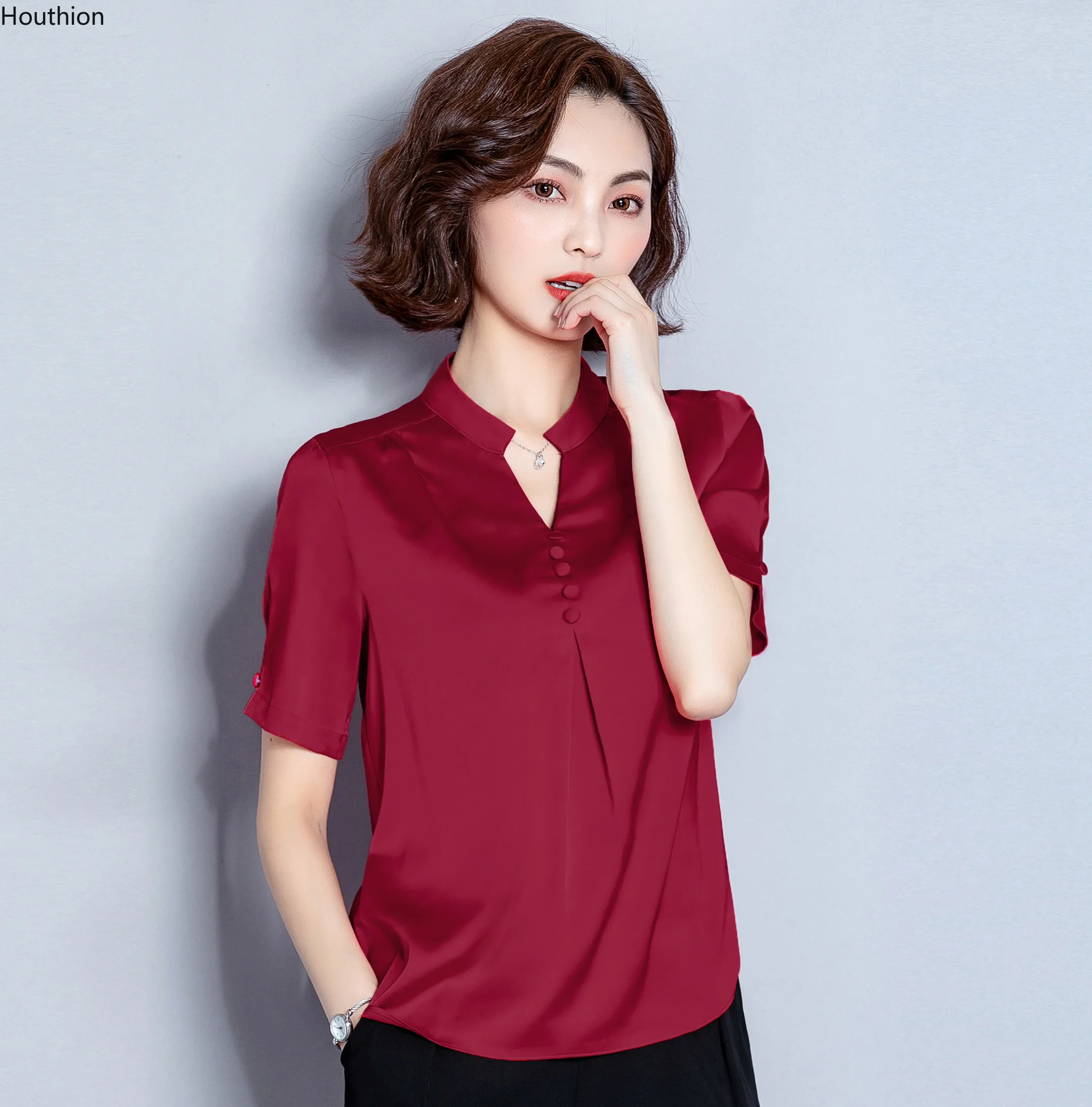 

Houthion Women's Blouse Solid Color Top Short Sleeve Shirt Summer Plus Size High-end Dropshipping V-neck Silk Casual Fashion