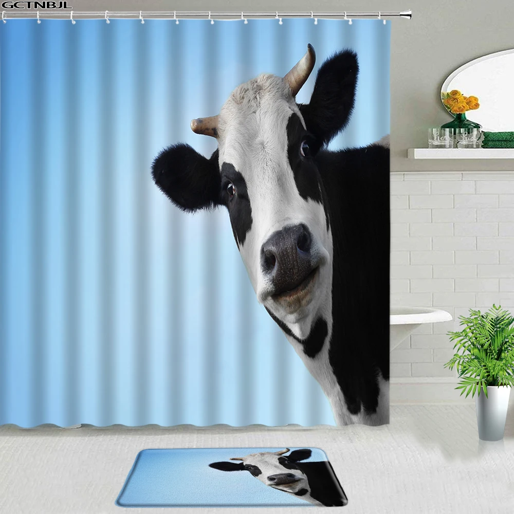 

2Pcs Funny Cows Shower Curtains Set With Rug Toilet Non-slip Floor Mat Farm Animals Cattle Bathroom Decor Carpet Bathtub Screen