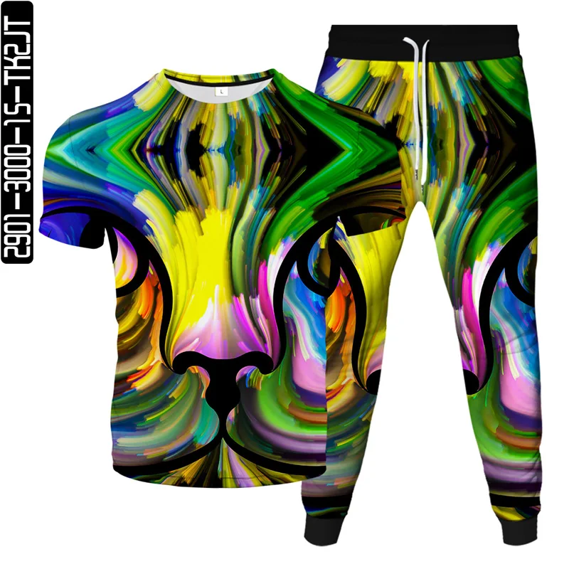 

2021 latest 3D printing casual sports O-neck T-shirt + lace-up sweatpants summer new men's two-piece suit large size S-6XL