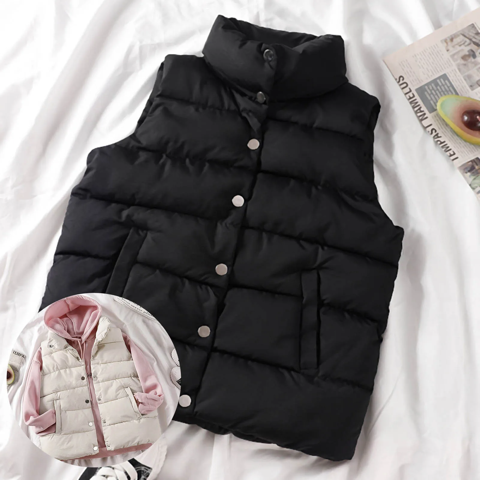 Женские осень-зима безрукавка для девочек Жилетка с карманами и пуговицами