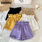 GIGOGOUлетние женские шорты ярких цветов 2021, повседневные спортивные брюки с эластичной высокой талией, тонкие широкие шорты трапециевидной формы с поясом