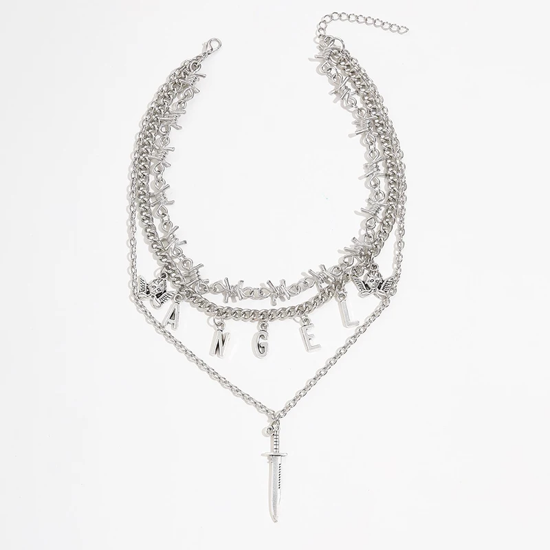 Sindlan 3 слоя Панк Серебряный цвет цепь кулон ожерелье для женщин хип-хоп Ангел