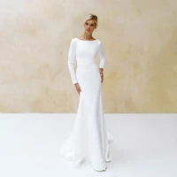 ueteey boat neck mermaid wedding dress stain backless long sleeves sweep train 2021 bride gowns vestido de noiva