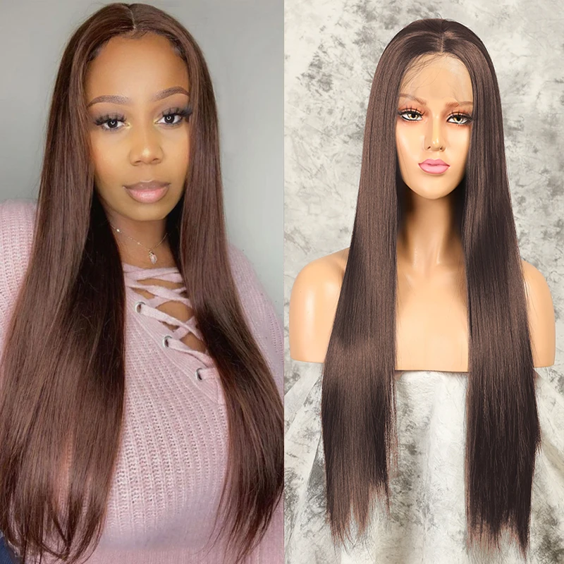 

180% Плотность шелковистые прямые темно-коричневые 26 дюймовые длинные кружевные передние парики для чернокожих женщин с натуральными синтет...