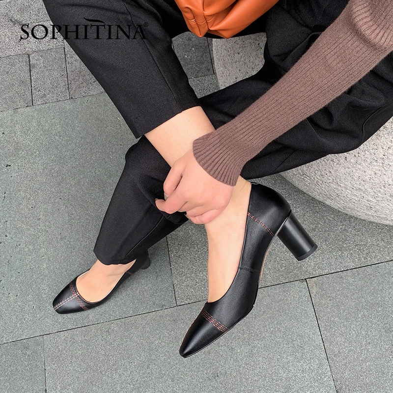 

SOPHITINA Basic Women's Round Heels High Quality Sewing Handmade Shoes Shallow Mouth Classic Beige Spring Square Toe Pumps AO67