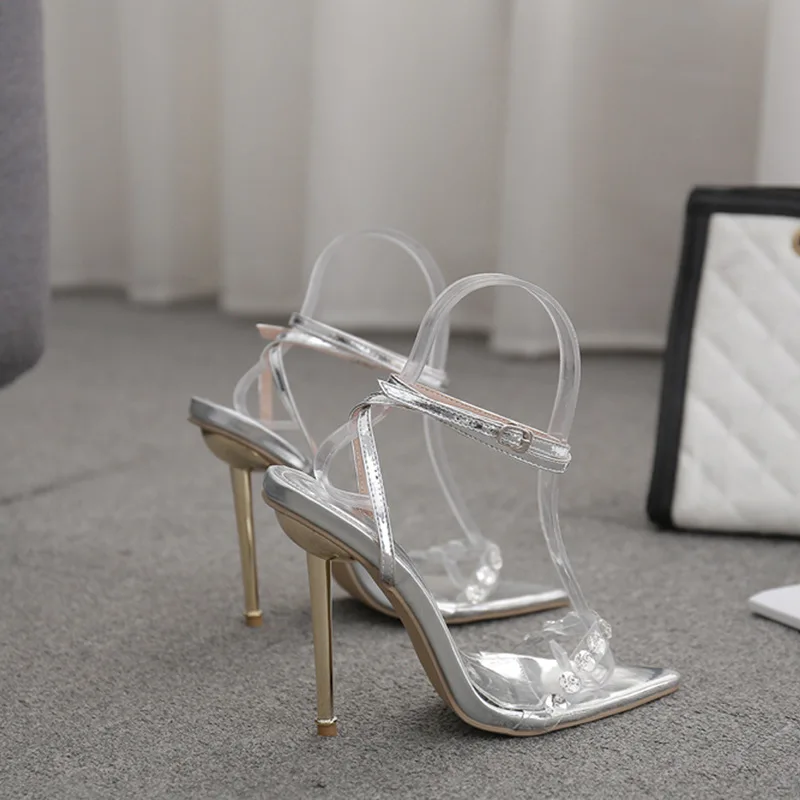 

Size 35-42 2021 new metal heel pointed transparent glue drill Roman high heel sandals
