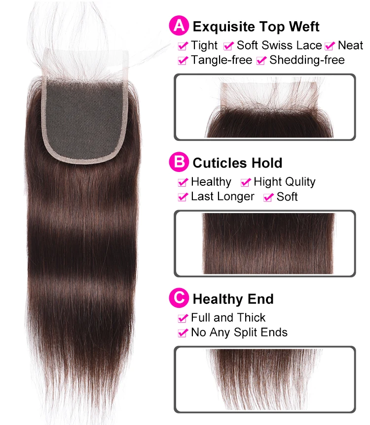 Прямые человеческие волосы в пучках с закрытием Бразильский коричневый 3 пучка