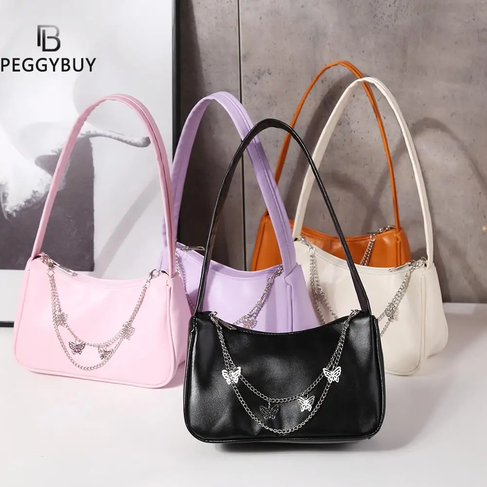 

Fashion Women Leather Pure Color Butterfly Chain Shoulder Bags Casual All-match Underarm Bag Elegant Ladies Small Hobos Handbags