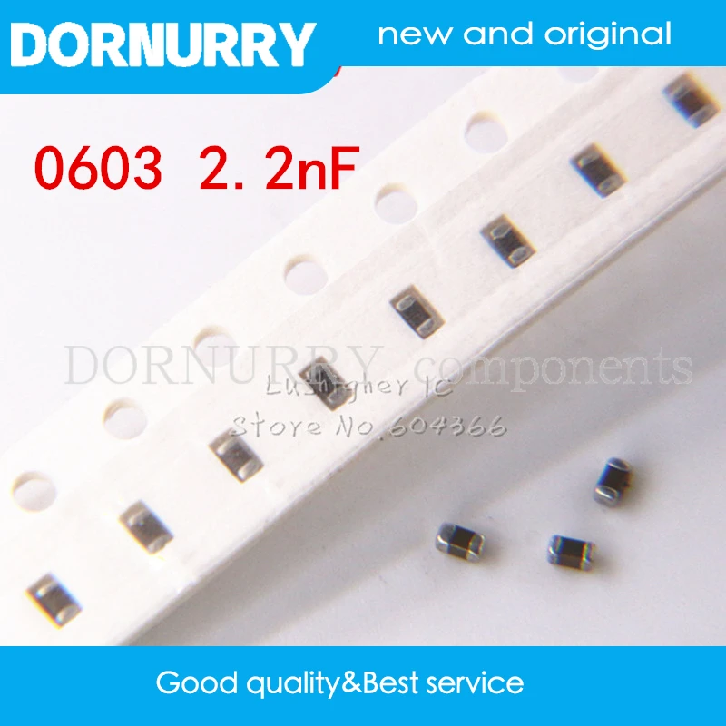 

100pcs 0603 2.2nf 222K 2200pf 50V X7R 10% SMD Ceramic Capacitor MLCC DORNURRY