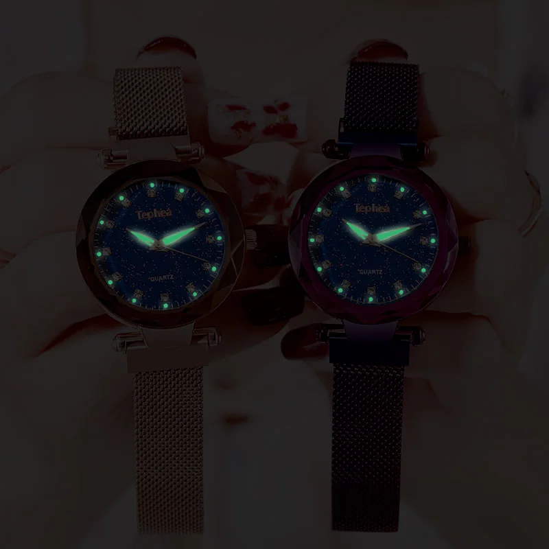 Роскошные женские наручные часы розового золота с магнитом звездного неба