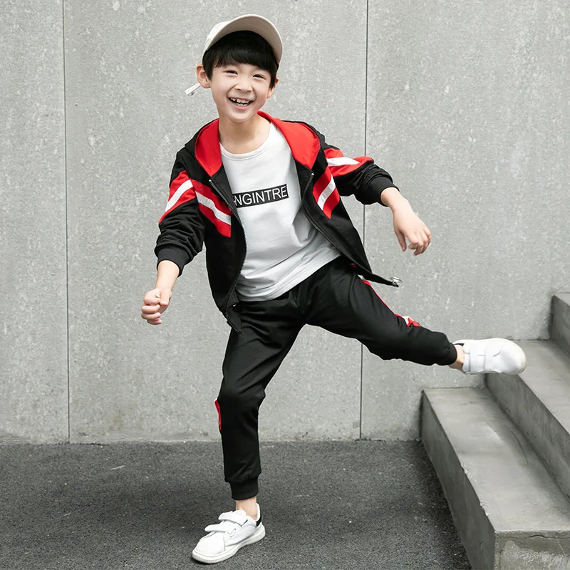 Spring Autumn Casual Teenage Boys Sport Wear 3 Piece Sets Hooded Striped Jackets+Pullovers+Sweatpants Kids Tracksuit 4-15T | Детская