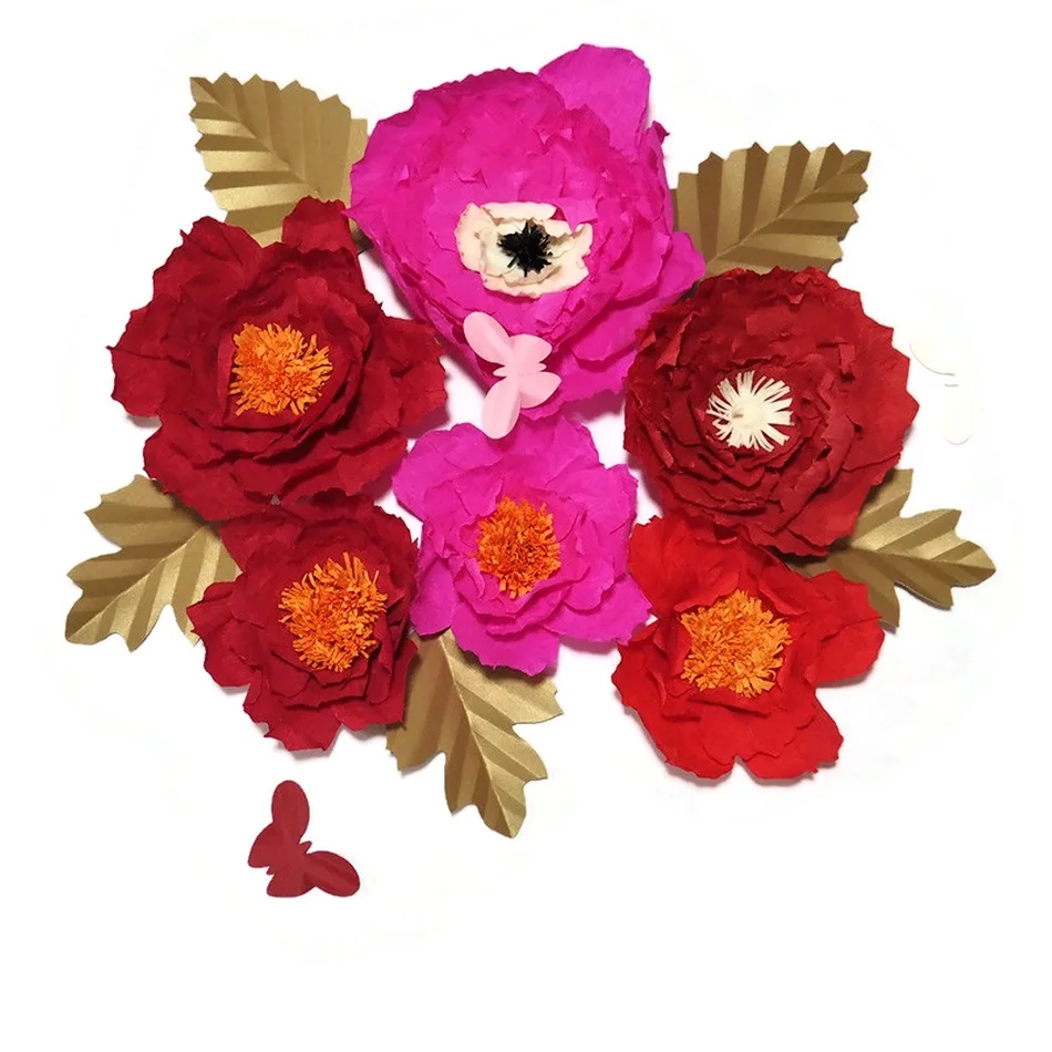 2018 гигантские креп Бумажные цветы 5 шт. + листья бабочки 3 свадебный фон декор