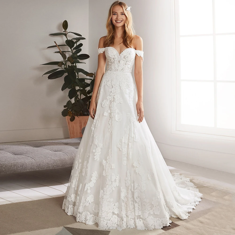 

Elegant Off Shoulder Wedding Dress Long Train Sweetheart Neck Tulle Custom Bridal Gown With Applique Formal Bride Robe De Mariee