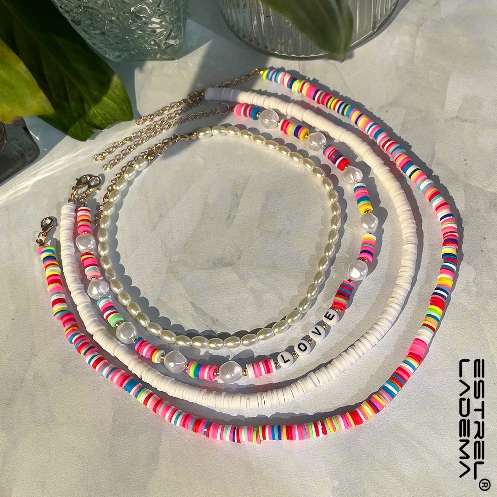 

4pcs/set Rainbow Clay Irregular Pearl Letter Beaded Necklace For Women Handmade Rice Beads Choker Necklaces Bohemian Jewelry New