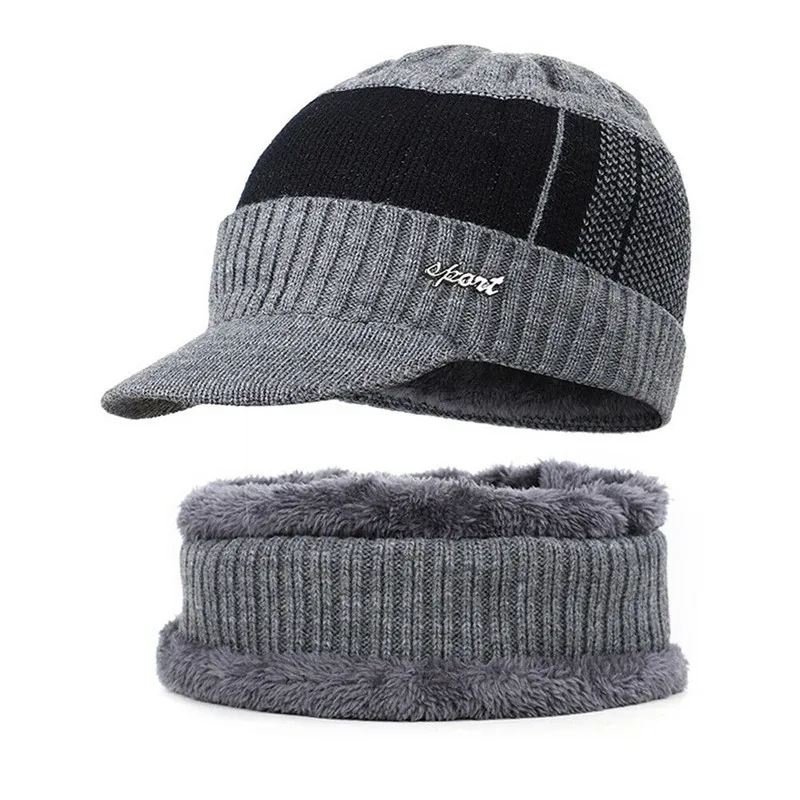 Мужская теплая шапка и теплый шарф унисекс однотонная вязаная черного серого