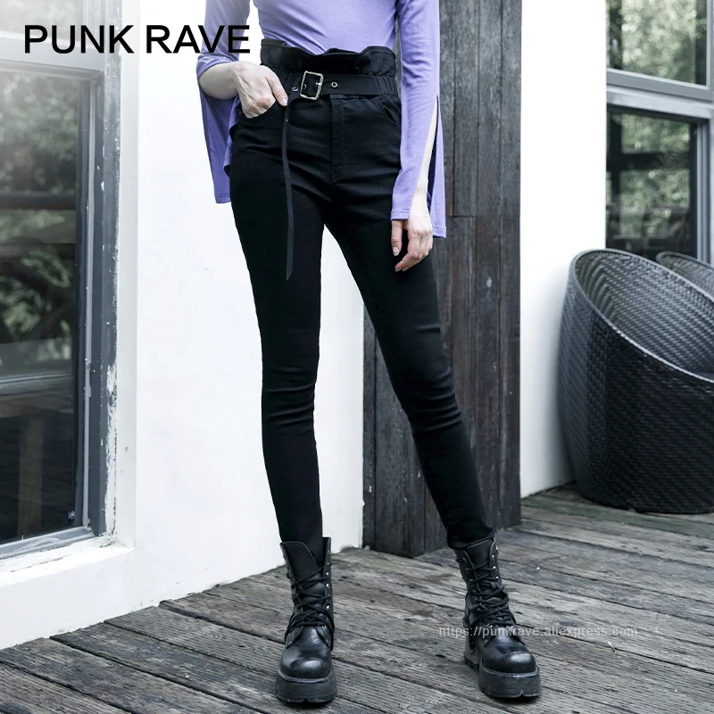 Женские брюки-карандаш с высокой талией оборками и поясом в стиле панк | Женская