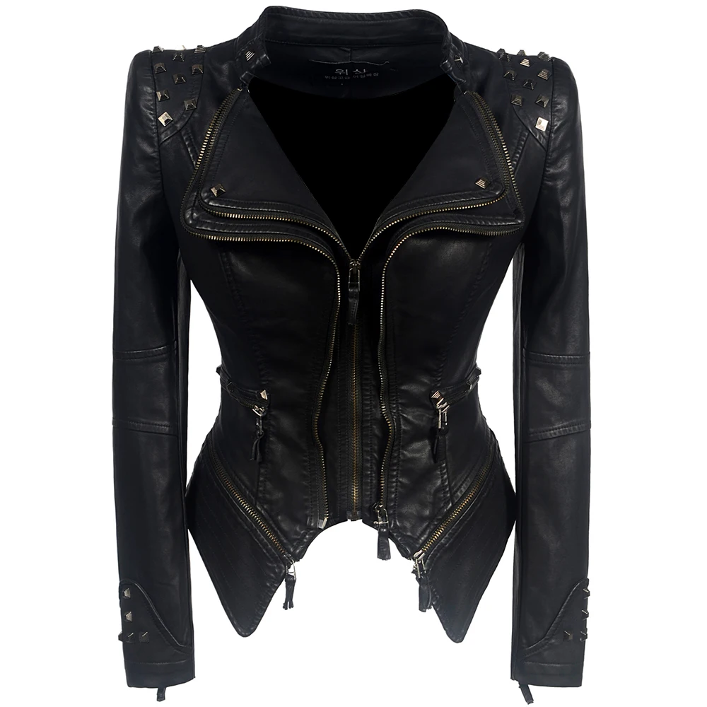 

2019 Motorcycle Jacket Women Winter Autumn Black Fashion Outerwear faux leather PU Jacket Gothic faux leather coats