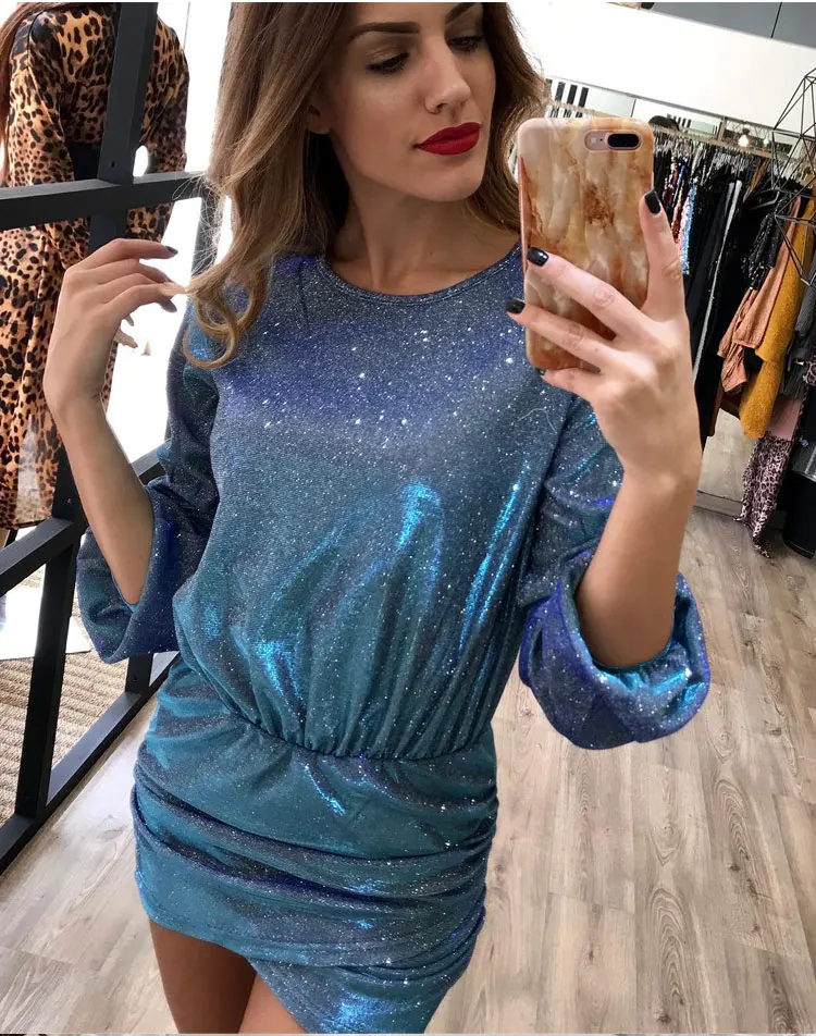 Модные женские туфли люрексом платье с длинными рукавами и открытыми плечами облегающее сексуальное Вечерние Платье с разной длиной подола; Обёрточная бумага милые женские модельные туфли золотистого цвета с блестками Femme весенняя одежда